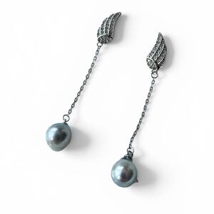Baroque Akoya Saltwater Pearl Dangle Earrings 7.4mm Silver Blue Gray Angel Wing
